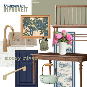 kitchen mood board with a river house design blue cabinet doors with wood and green accents and gold hardware for a maximalist kitchen design