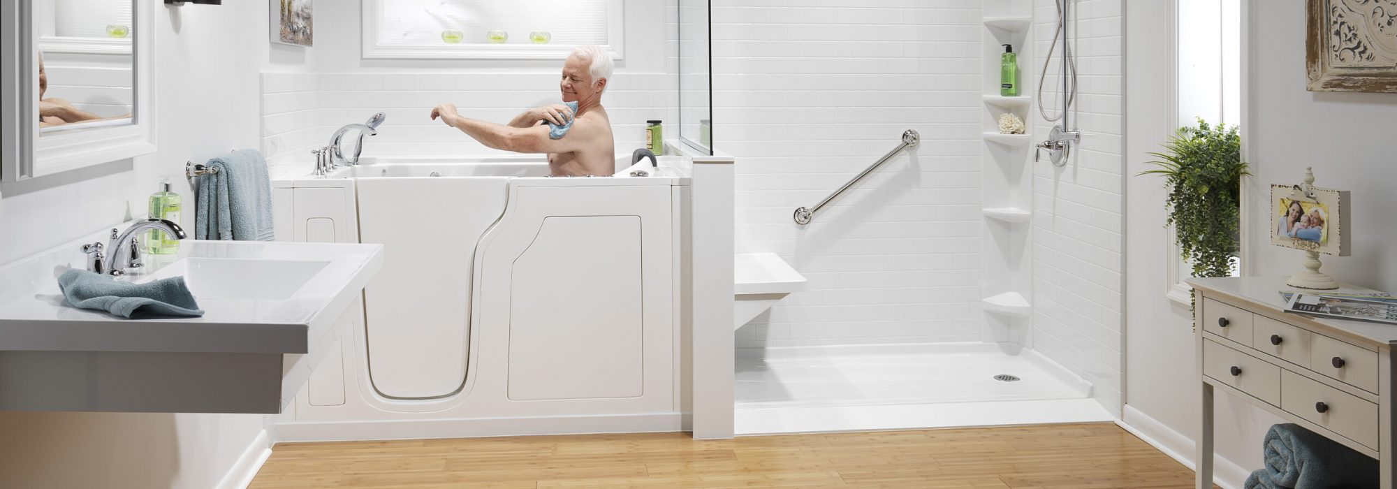 Walk-In Tub with man bathing for hydrotherapy benefits